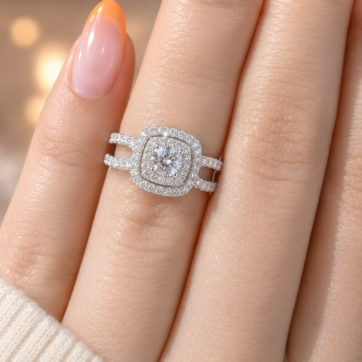 2.00 CT Round Cut Lab-Grown Diamond Double Halo Engagement Ring in 14K White Gold – Split Shank Bridal Design