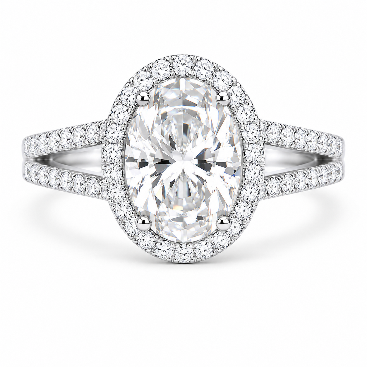 2.50 CT Oval Cut Lab-Grown Diamond Double Halo Engagement Ring in 14K White Gold – Split Shank Hidden Halo Design