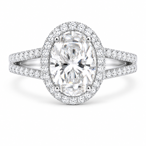 2.50 CT Oval Cut Lab-Grown Diamond Double Halo Engagement Ring in 14K White Gold – Split Shank Hidden Halo Design