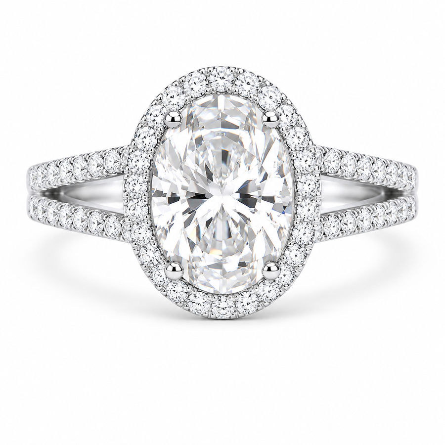 2.50 CT Oval Cut Lab-Grown Diamond Double Halo Engagement Ring in 14K White Gold – Split Shank Hidden Halo Design