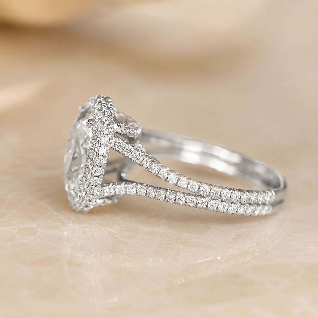 2.50 CT Oval Cut Lab-Grown Diamond Double Halo Engagement Ring in 14K White Gold – Split Shank Hidden Halo Design