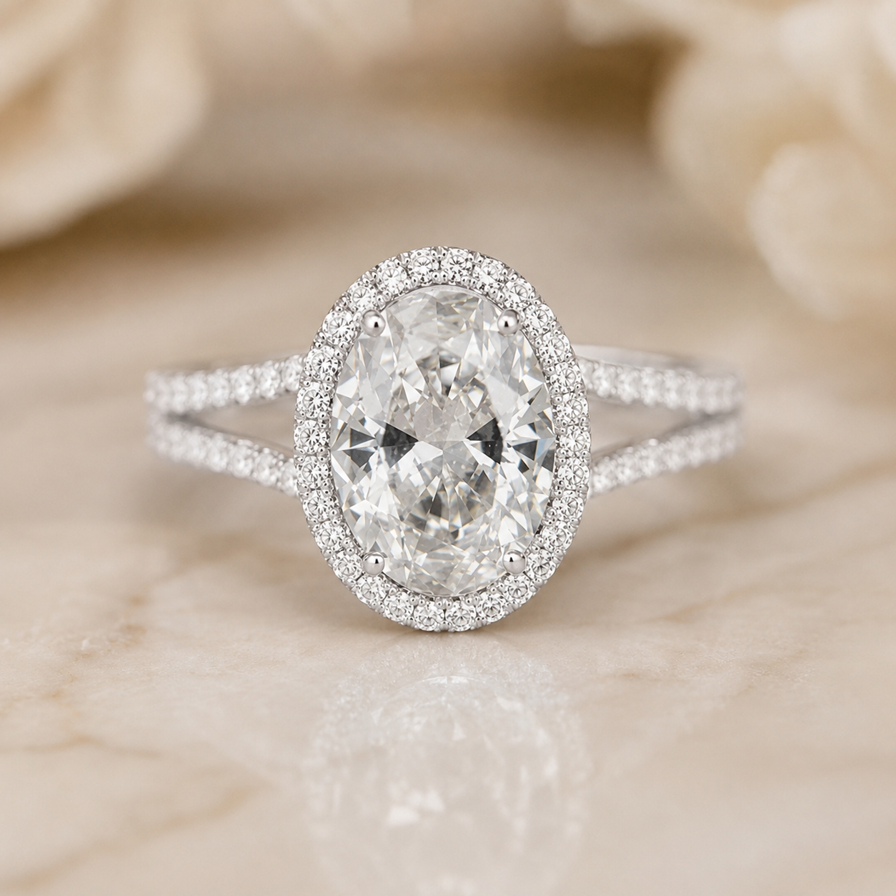 2.50 CT Oval Cut Lab-Grown Diamond Double Halo Engagement Ring in 14K White Gold – Split Shank Hidden Halo Design