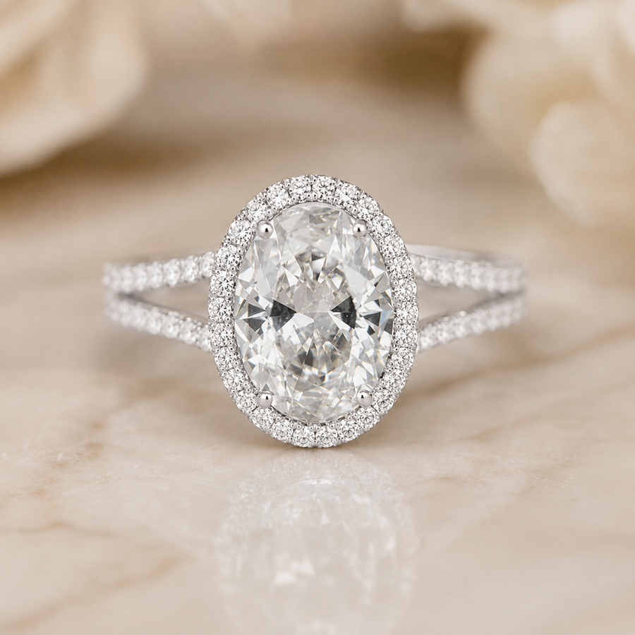 2.50 CT Oval Cut Lab-Grown Diamond Double Halo Engagement Ring in 14K White Gold – Split Shank Hidden Halo Design