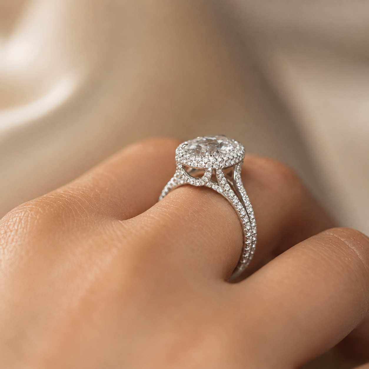 2.50 CT Oval Cut Lab-Grown Diamond Double Halo Engagement Ring in 14K White Gold – Split Shank Hidden Halo Design