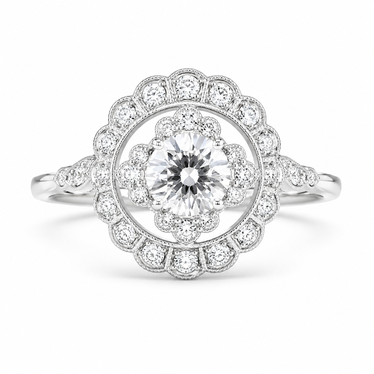2.00 CT Round Lab-Grown Diamond Double Halo Engagement Ring in 14K White Gold – Floral Bridal Design