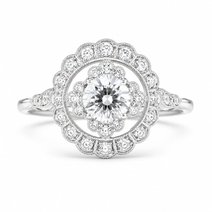 2.00 CT Round Lab-Grown Diamond Double Halo Engagement Ring in 14K White Gold – Floral Bridal Design