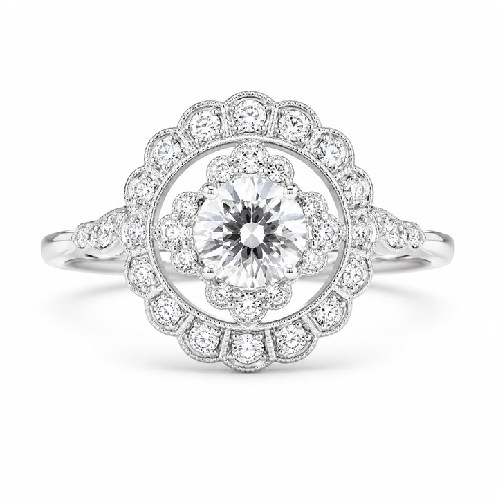 2.00 CT Round Lab-Grown Diamond Double Halo Engagement Ring in 14K White Gold â€“ Floral Bridal Design from Diamond Studio