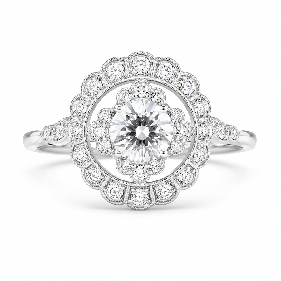 2.00 CT Round Lab-Grown Diamond Double Halo Engagement Ring in 14K White Gold – Floral Bridal Design