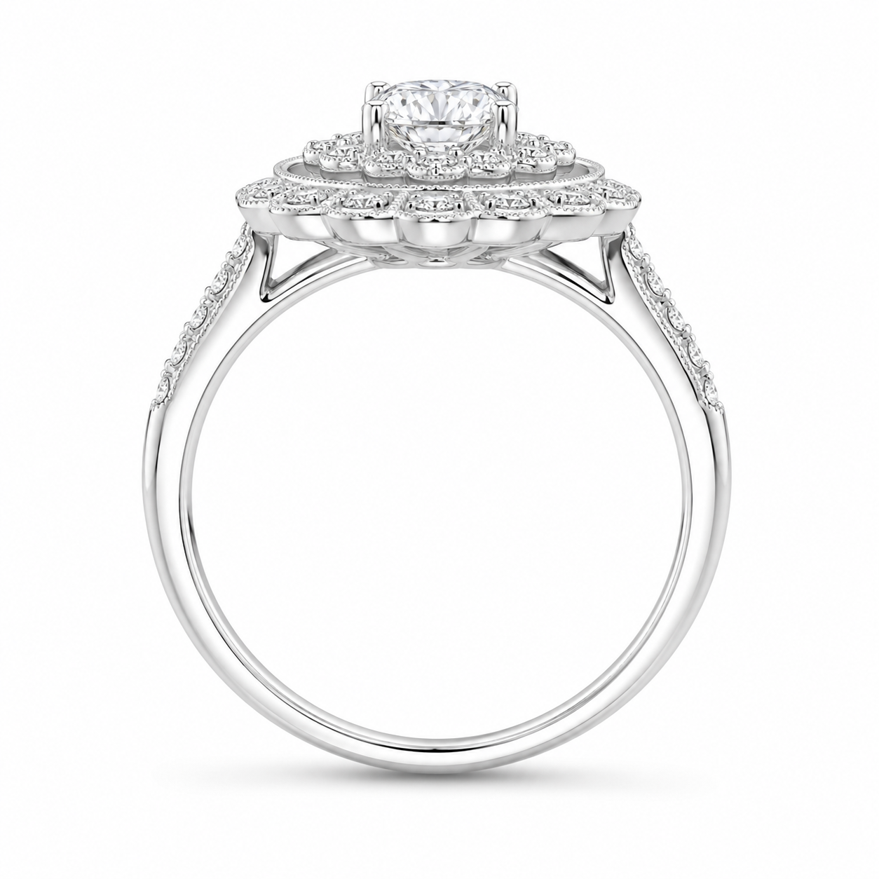 2.00 CT Round Lab-Grown Diamond Double Halo Engagement Ring in 14K White Gold – Floral Bridal Design