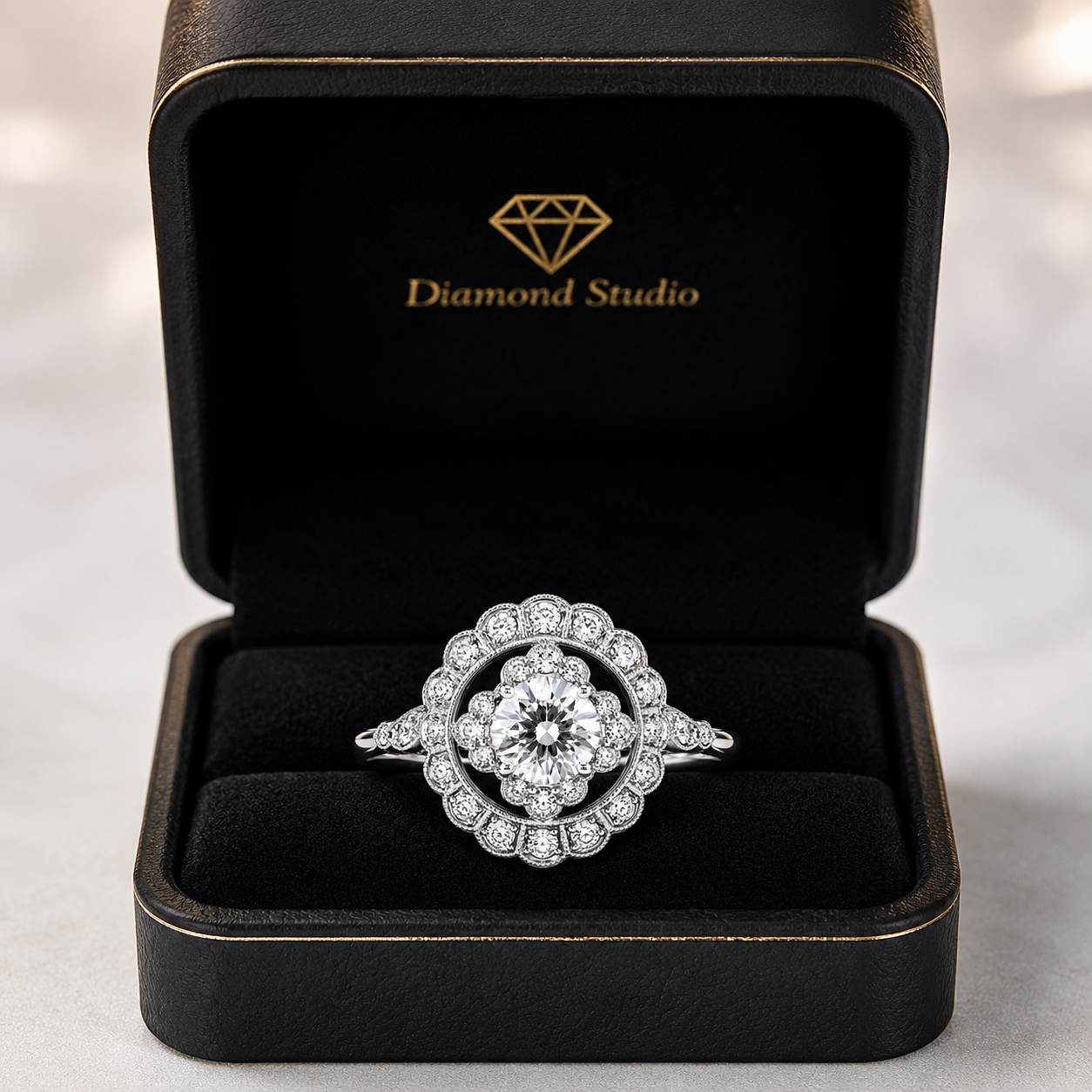 2.00 CT Round Lab-Grown Diamond Double Halo Engagement Ring in 14K White Gold – Floral Bridal Design