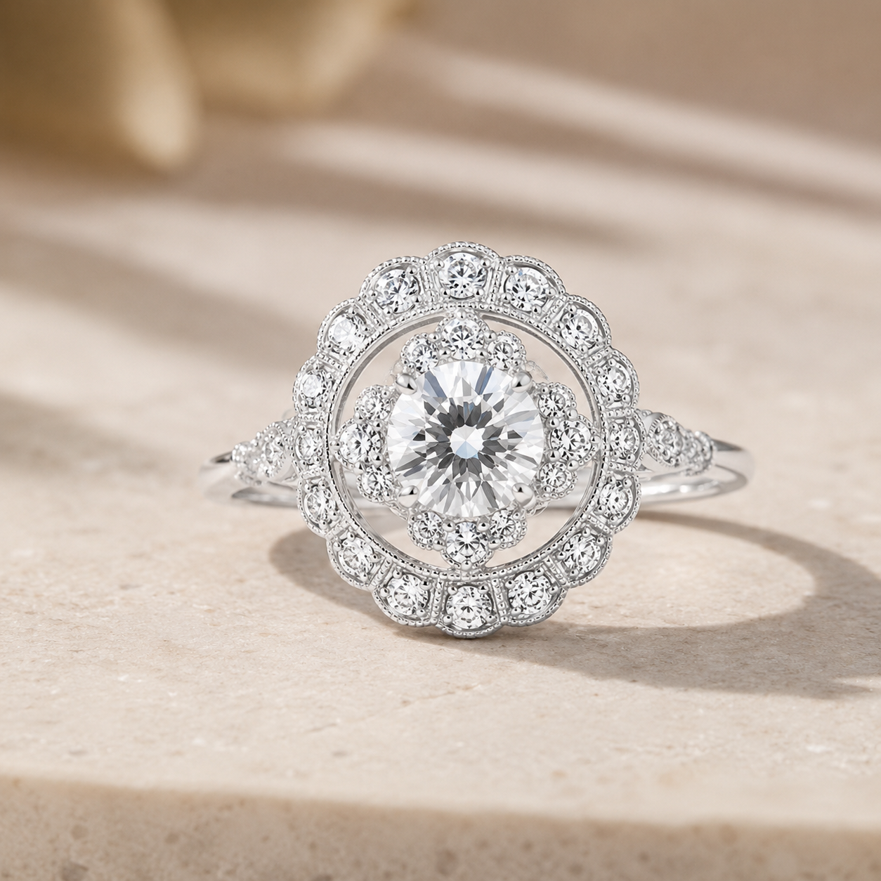 2.00 CT Round Lab-Grown Diamond Double Halo Engagement Ring in 14K White Gold – Floral Bridal Design