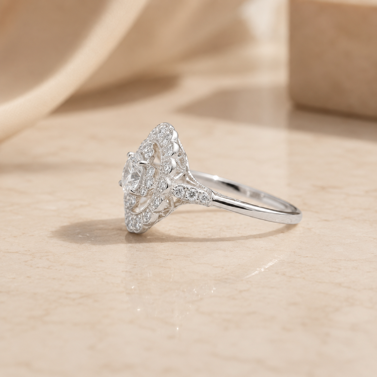 2.00 CT Round Lab-Grown Diamond Double Halo Engagement Ring in 14K White Gold – Floral Bridal Design