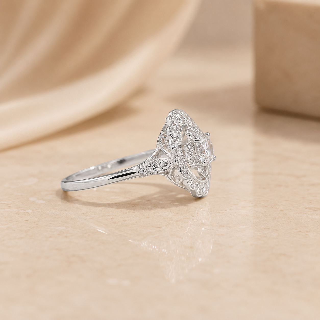 2.00 CT Round Lab-Grown Diamond Double Halo Engagement Ring in 14K White Gold – Floral Bridal Design