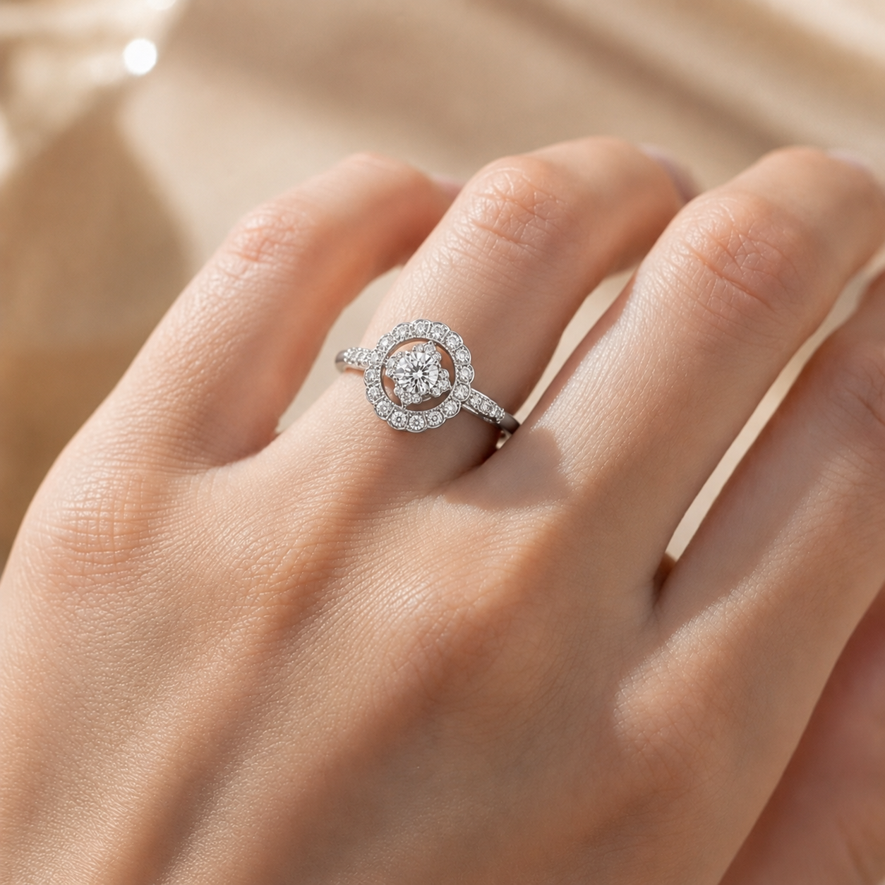 2.00 CT Round Lab-Grown Diamond Double Halo Engagement Ring in 14K White Gold – Floral Bridal Design