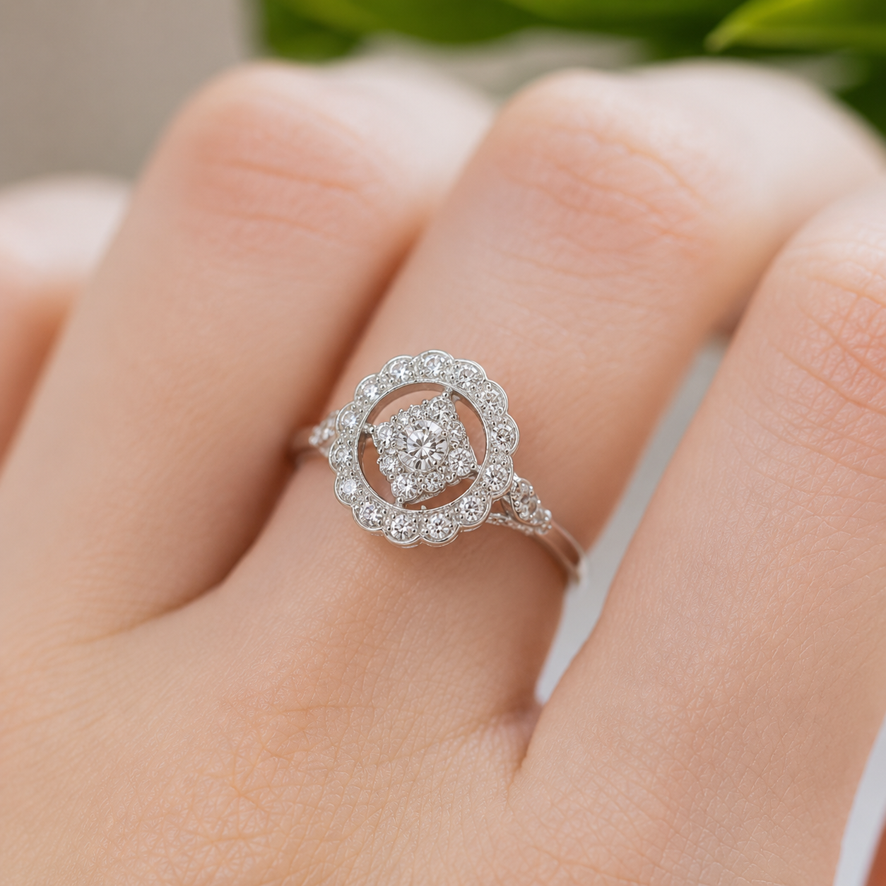 2.00 CT Round Lab-Grown Diamond Double Halo Engagement Ring in 14K White Gold – Floral Bridal Design