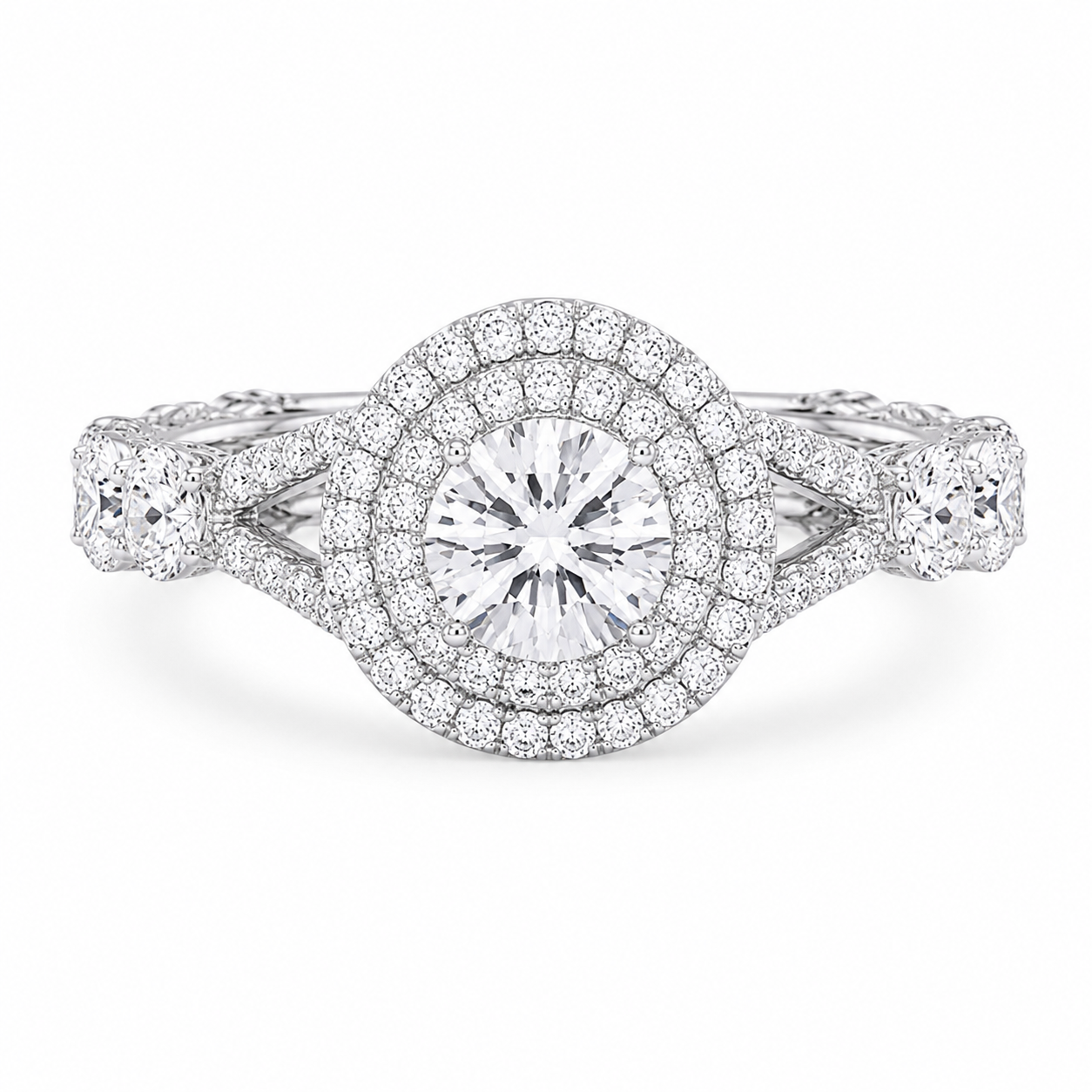 1.05 CT Round Lab-Grown Diamond Halo Engagement Ring in 14K White Gold – Split Shank Design