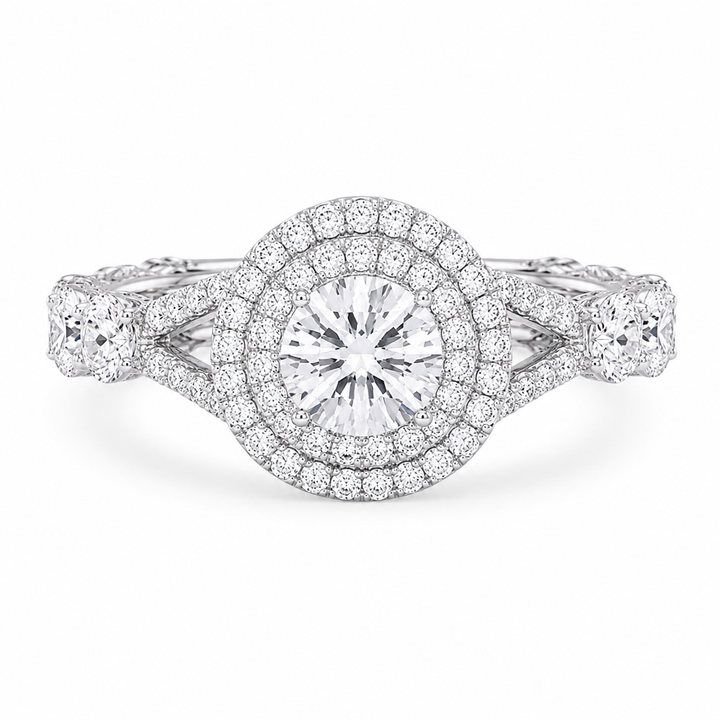1.05 CT Round Lab-Grown Diamond Halo Engagement Ring in 14K White Gold â€“ Split Shank Design from Diamond Studio