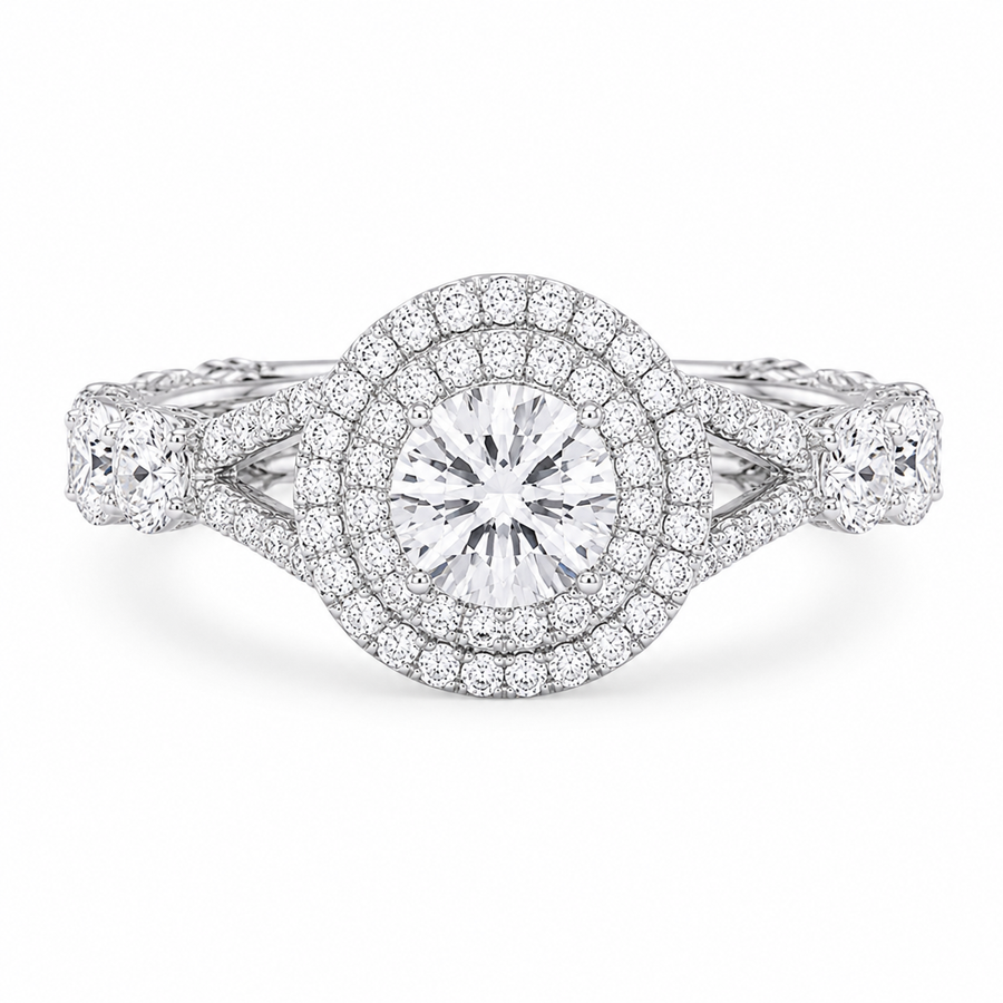 1.05 CT Round Lab-Grown Diamond Halo Engagement Ring in 14K White Gold – Split Shank Design