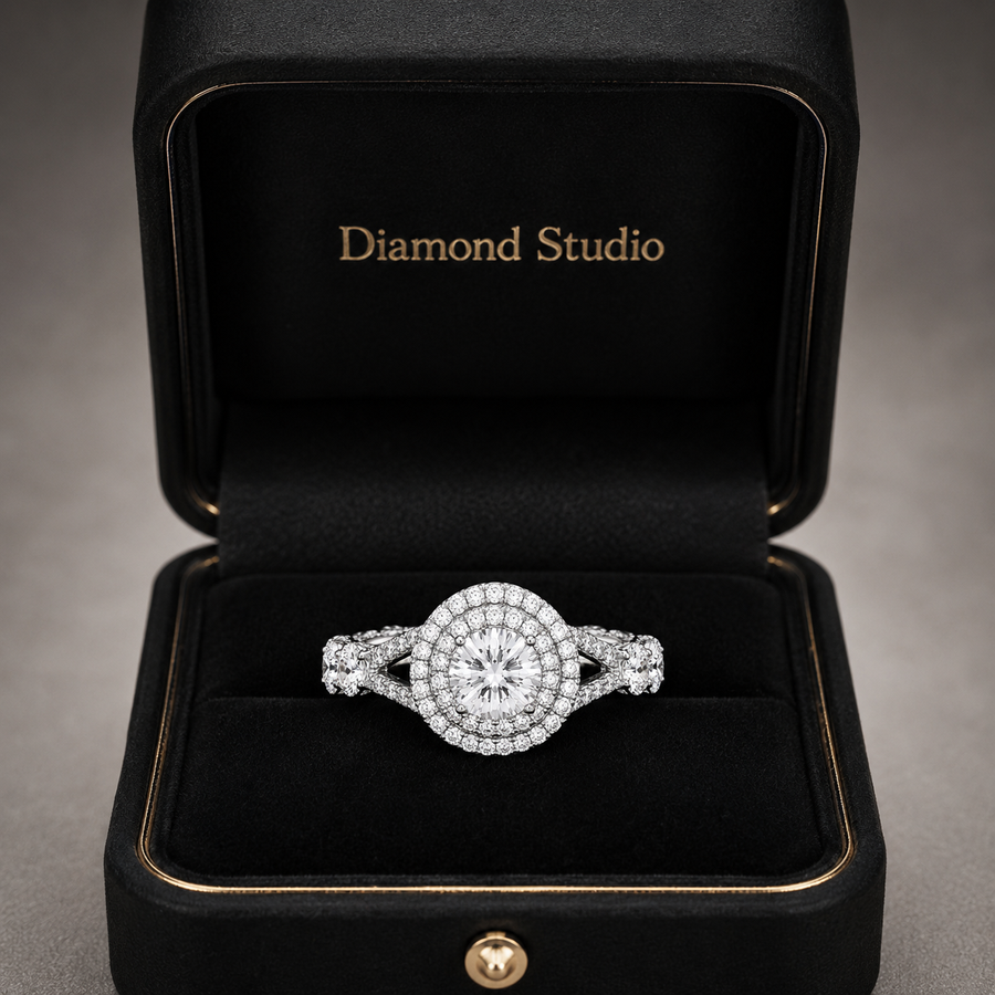 1.05 CT Round Lab-Grown Diamond Halo Engagement Ring in 14K White Gold – Split Shank Design