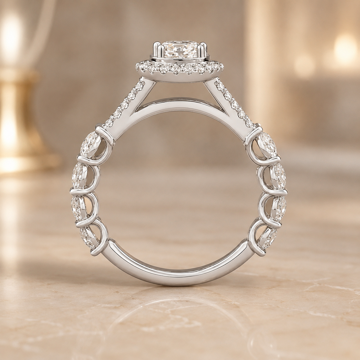 1.05 CT Round Lab-Grown Diamond Halo Engagement Ring in 14K White Gold – Split Shank Design