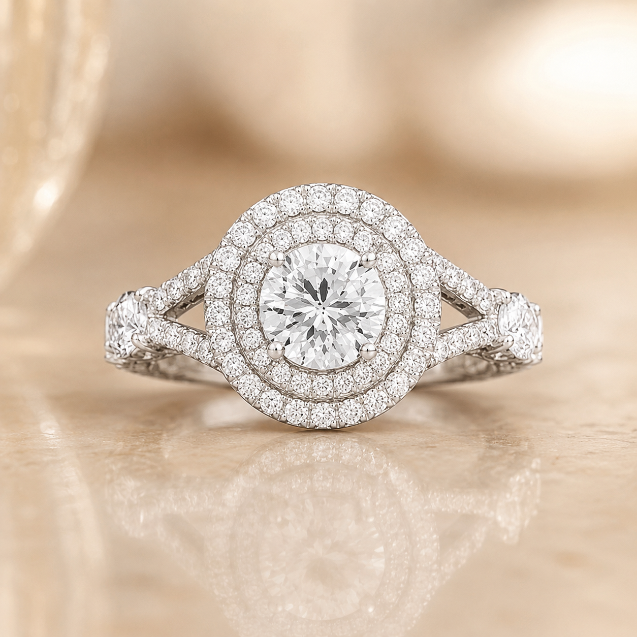 1.05 CT Round Lab-Grown Diamond Halo Engagement Ring in 14K White Gold – Split Shank Design