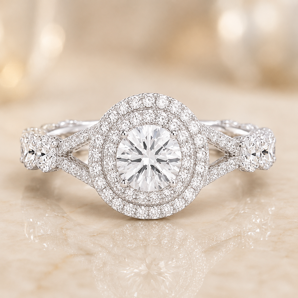 1.05 CT Round Lab-Grown Diamond Halo Engagement Ring in 14K White Gold – Split Shank Design
