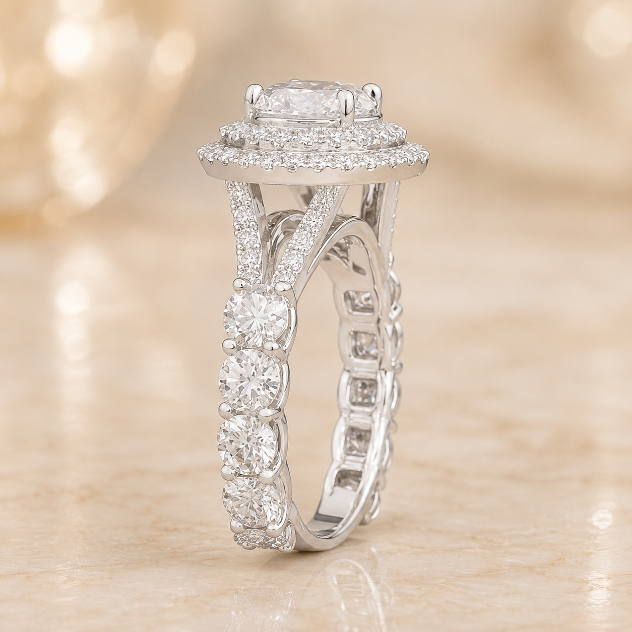 1.05 CT Round Lab-Grown Diamond Halo Engagement Ring in 14K White Gold – Split Shank Design