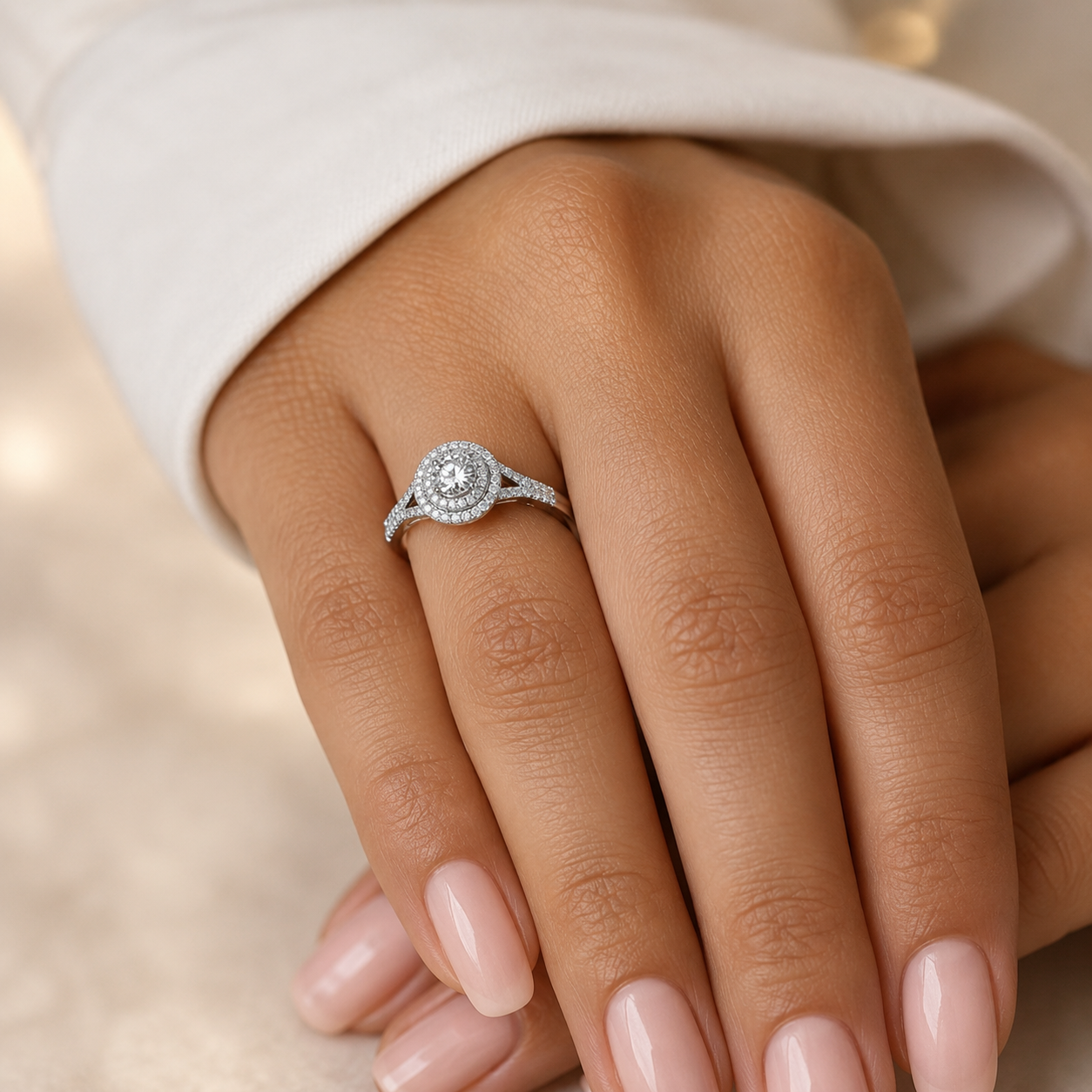 1.05 CT Round Lab-Grown Diamond Halo Engagement Ring in 14K White Gold – Split Shank Design