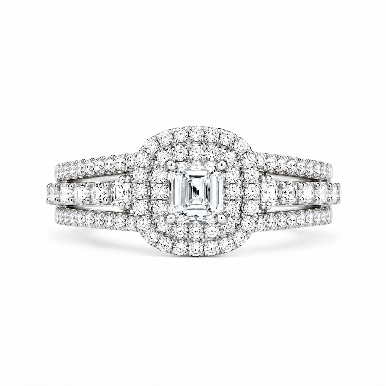 2.00 CT Princess Cut Lab-Grown Diamond Double Halo Engagement Ring in 14K White Gold – Split Shank Statement Design