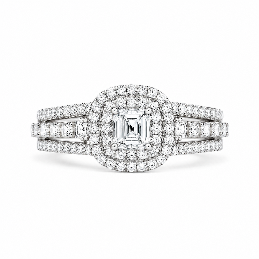 2.00 CT Princess Cut Lab-Grown Diamond Double Halo Engagement Ring in 14K White Gold – Split Shank Statement Design