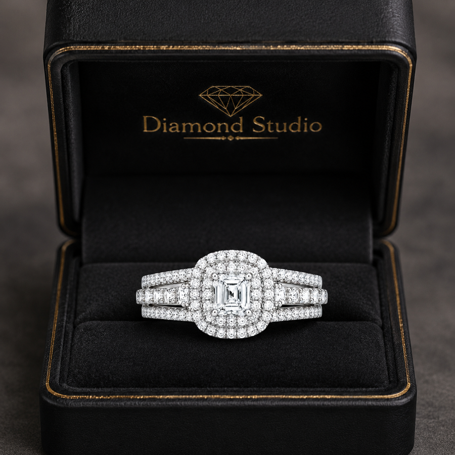2.00 CT Princess Cut Lab-Grown Diamond Double Halo Engagement Ring in 14K White Gold – Split Shank Statement Design