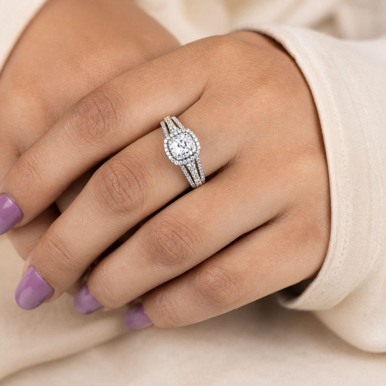 2.00 CT Princess Cut Lab-Grown Diamond Double Halo Engagement Ring in 14K White Gold – Split Shank Statement Design