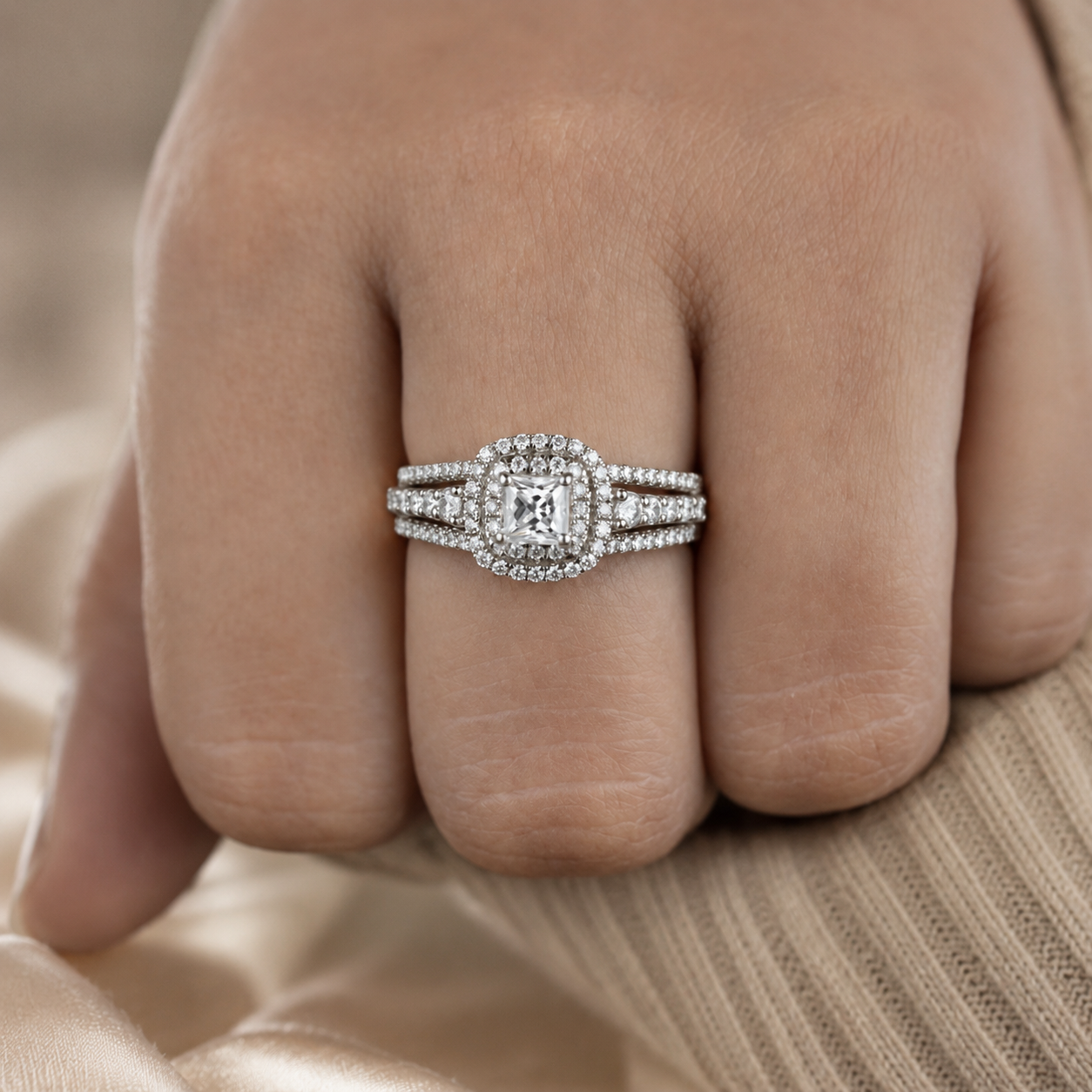 2.00 CT Princess Cut Lab-Grown Diamond Double Halo Engagement Ring in 14K White Gold – Split Shank Statement Design