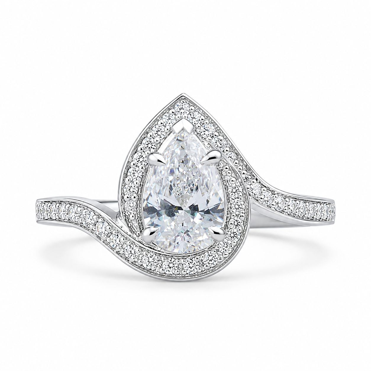 1.30 CT Pear Cut Lab-Grown Diamond Double Halo Engagement Ring in 14K White Gold – Swirl Bypass Designer Design