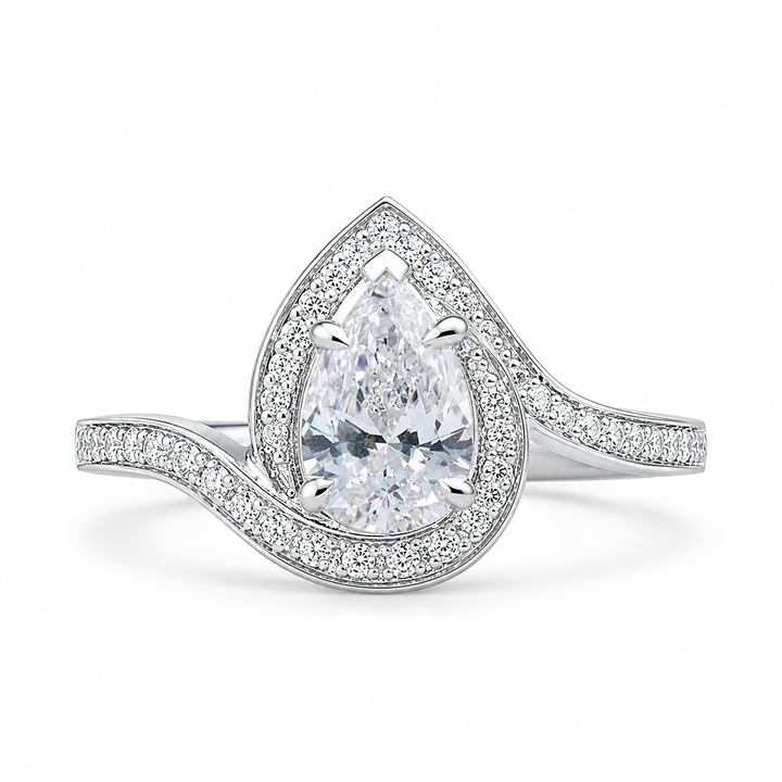 1.30 CT Pear Cut Lab-Grown Diamond Double Halo Engagement Ring in 14K White Gold â€“ Swirl Bypass Designer Design from Diamond Studio