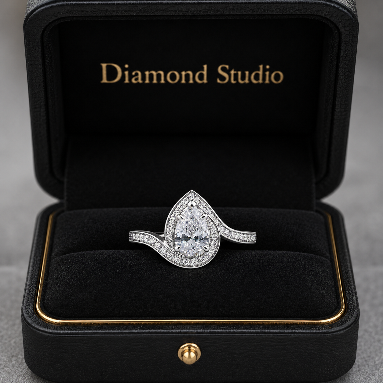 1.30 CT Pear Cut Lab-Grown Diamond Double Halo Engagement Ring in 14K White Gold – Swirl Bypass Designer Design