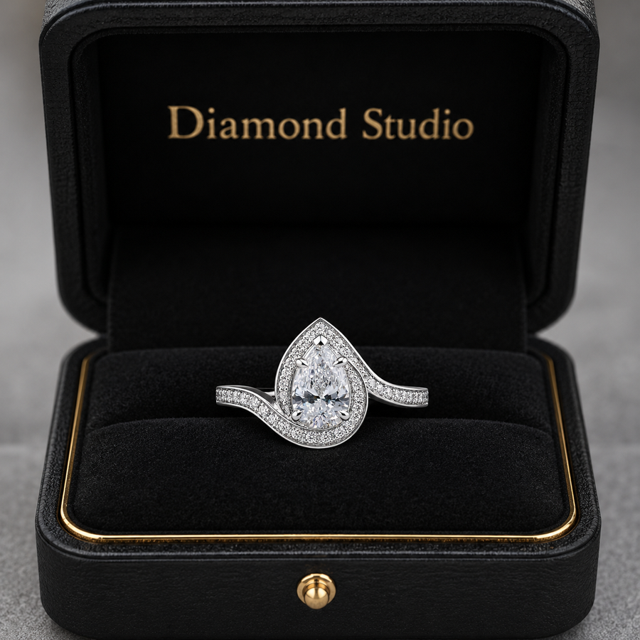 1.30 CT Pear Cut Lab-Grown Diamond Double Halo Engagement Ring in 14K White Gold – Swirl Bypass Designer Design