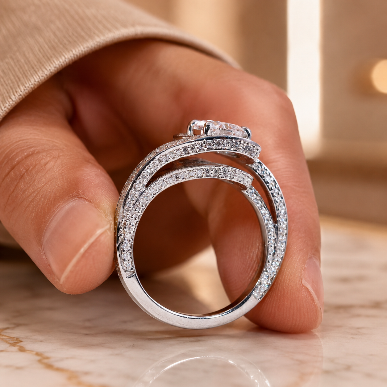1.30 CT Pear Cut Lab-Grown Diamond Double Halo Engagement Ring in 14K White Gold – Swirl Bypass Designer Design