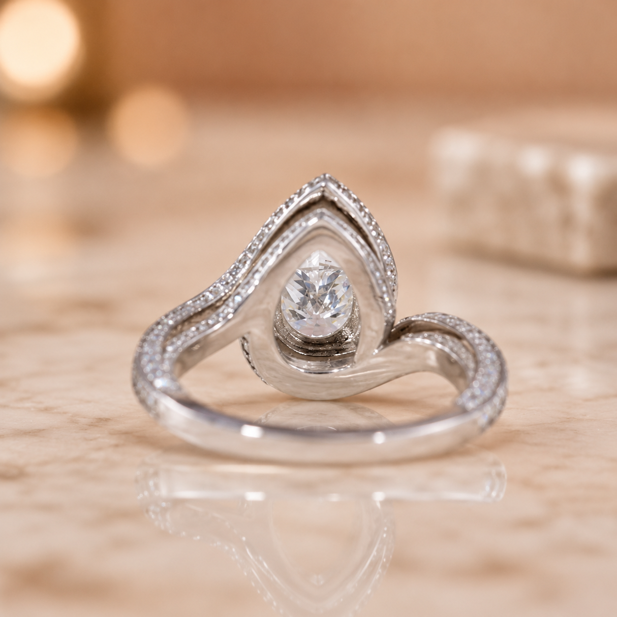 1.30 CT Pear Cut Lab-Grown Diamond Double Halo Engagement Ring in 14K White Gold – Swirl Bypass Designer Design