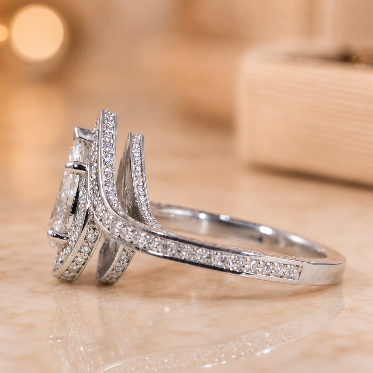 1.30 CT Pear Cut Lab-Grown Diamond Double Halo Engagement Ring in 14K White Gold – Swirl Bypass Designer Design