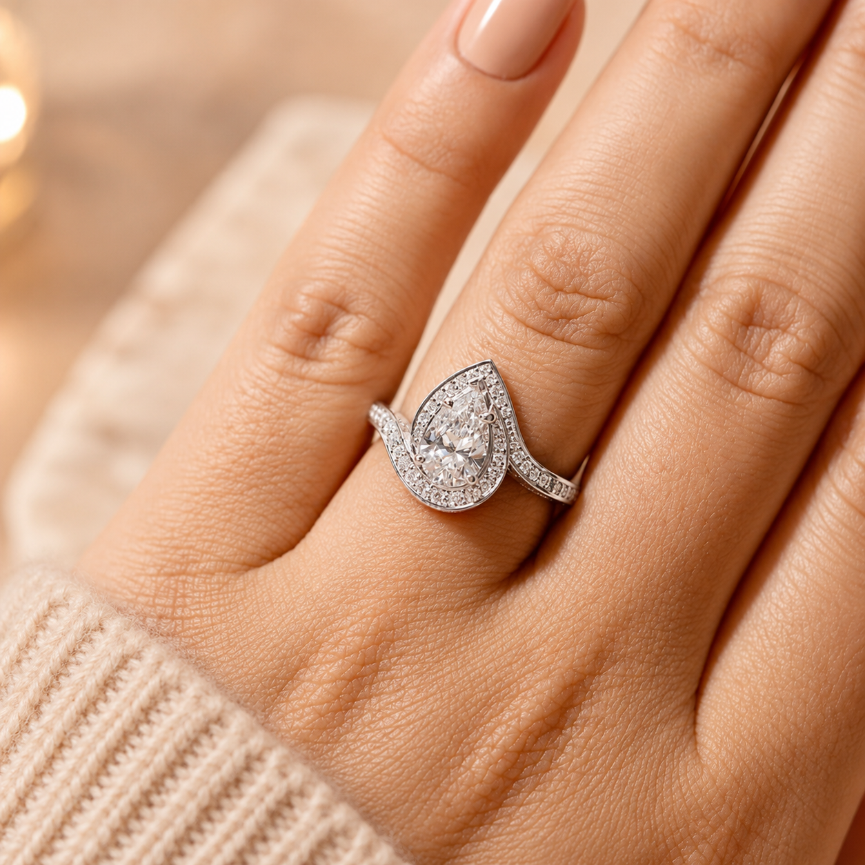 1.30 CT Pear Cut Lab-Grown Diamond Double Halo Engagement Ring in 14K White Gold – Swirl Bypass Designer Design