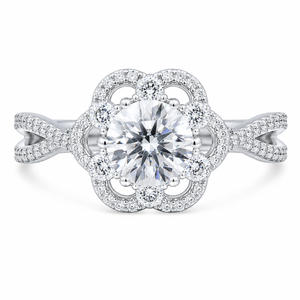 1.00 CT Round Cut Lab-Grown Diamond Double Halo Engagement Ring in 14K White Gold – Split Shank Anniversary Design