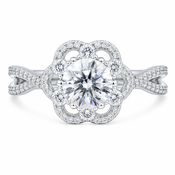 1.00 CT Round Cut Lab-Grown Diamond Double Halo Engagement Ring in 14K White Gold â€“ Split Shank Anniversary Design from Diamond Studio