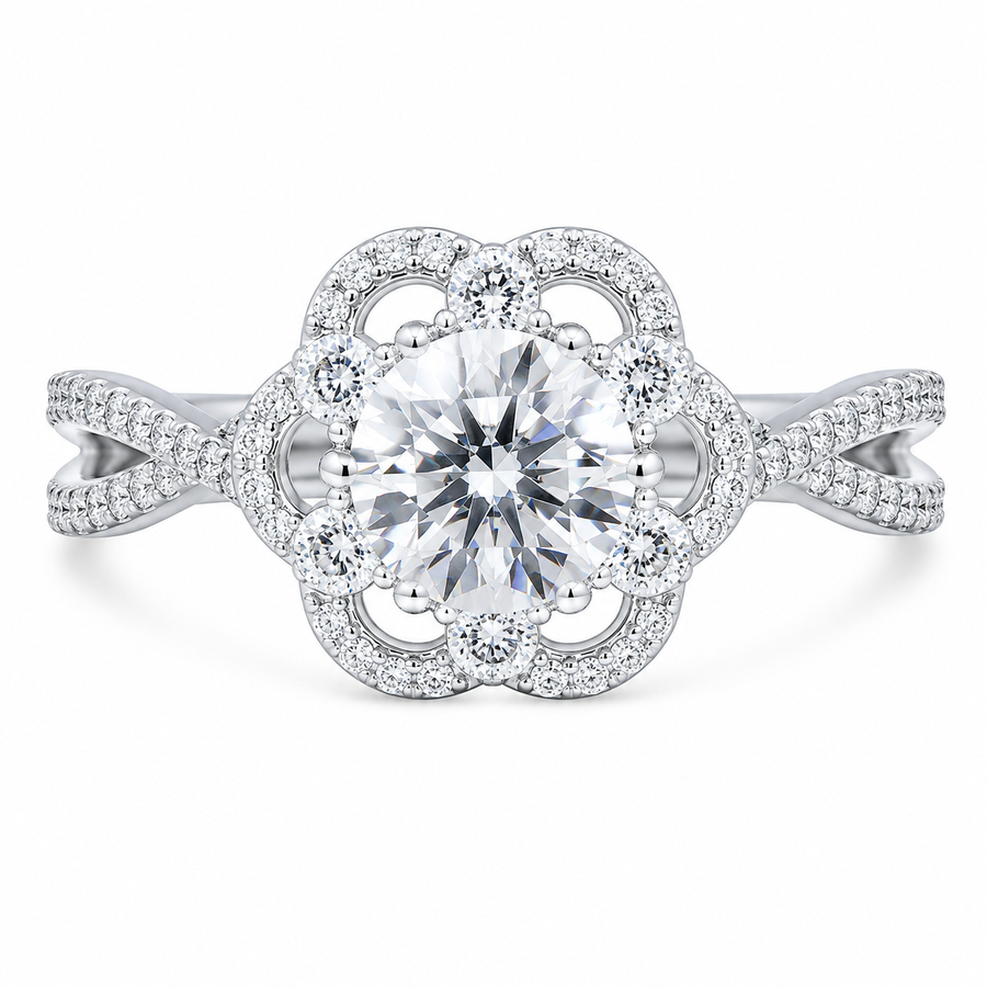1.00 CT Round Cut Lab-Grown Diamond Double Halo Engagement Ring in 14K White Gold – Split Shank Anniversary Design