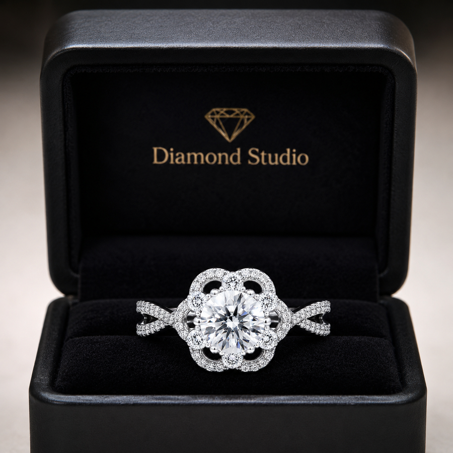 1.00 CT Round Cut Lab-Grown Diamond Double Halo Engagement Ring in 14K White Gold – Split Shank Anniversary Design