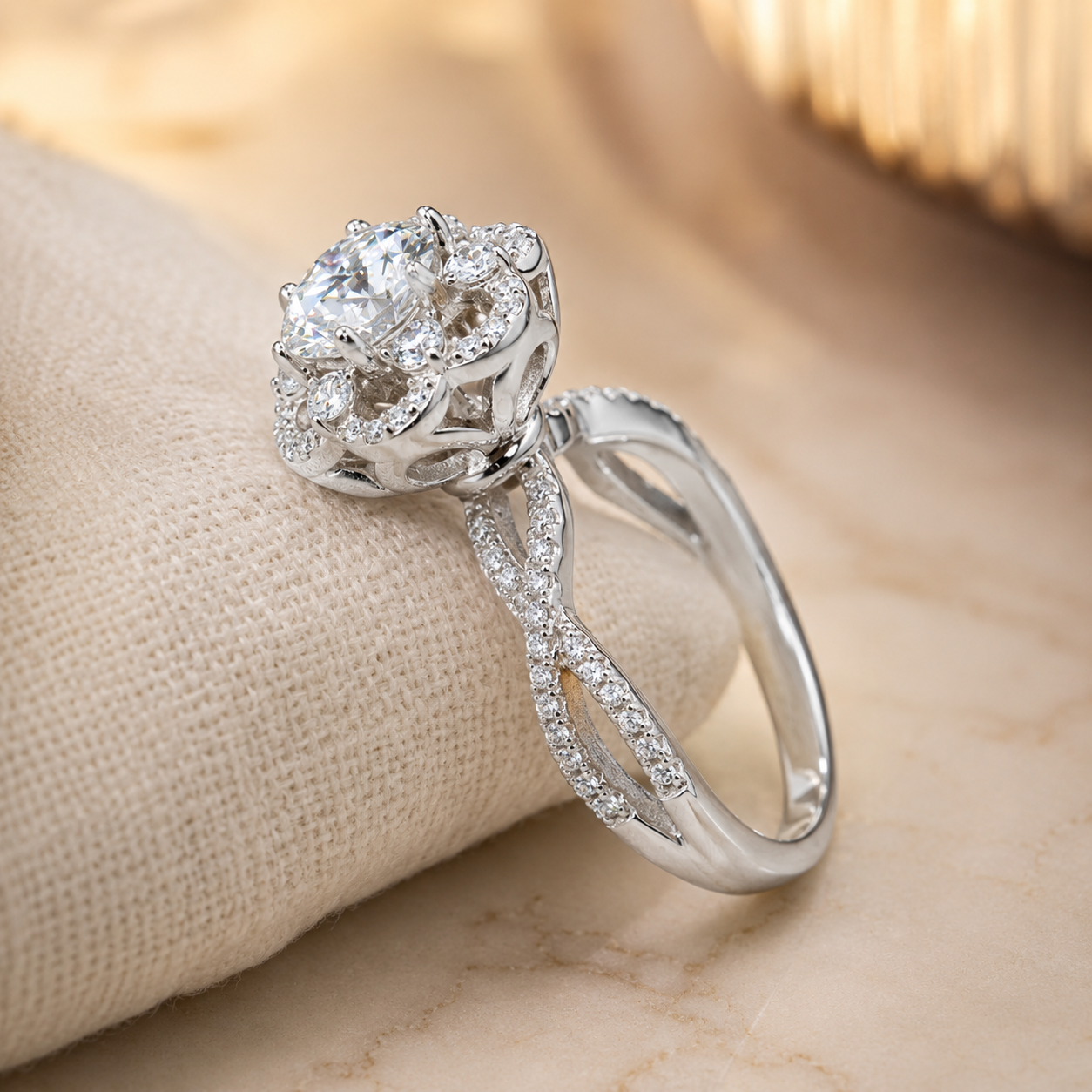 1.00 CT Round Cut Lab-Grown Diamond Double Halo Engagement Ring in 14K White Gold – Split Shank Anniversary Design