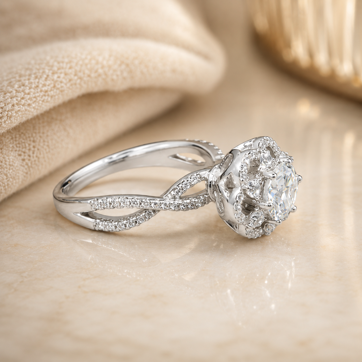 1.00 CT Round Cut Lab-Grown Diamond Double Halo Engagement Ring in 14K White Gold – Split Shank Anniversary Design