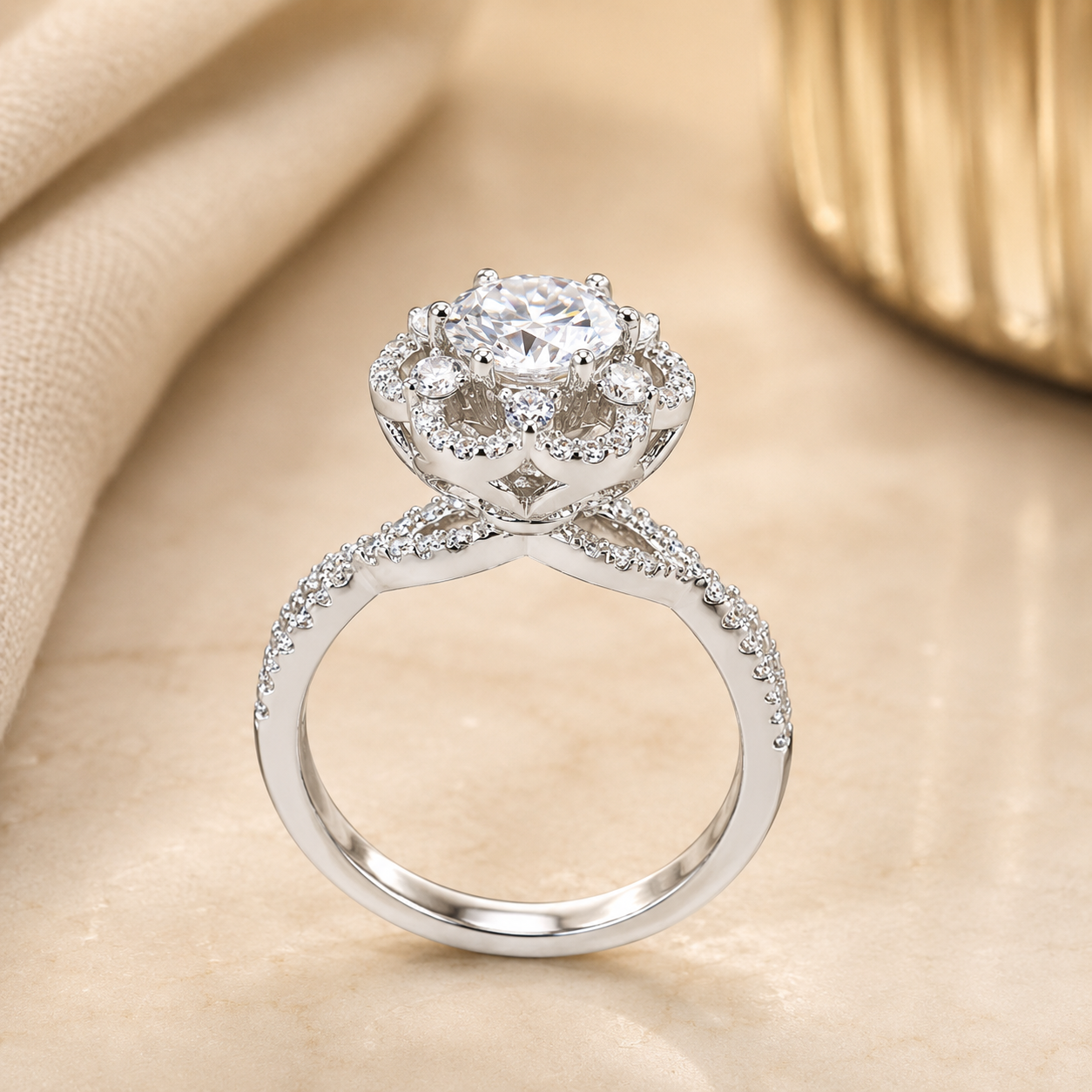 1.00 CT Round Cut Lab-Grown Diamond Double Halo Engagement Ring in 14K White Gold – Split Shank Anniversary Design