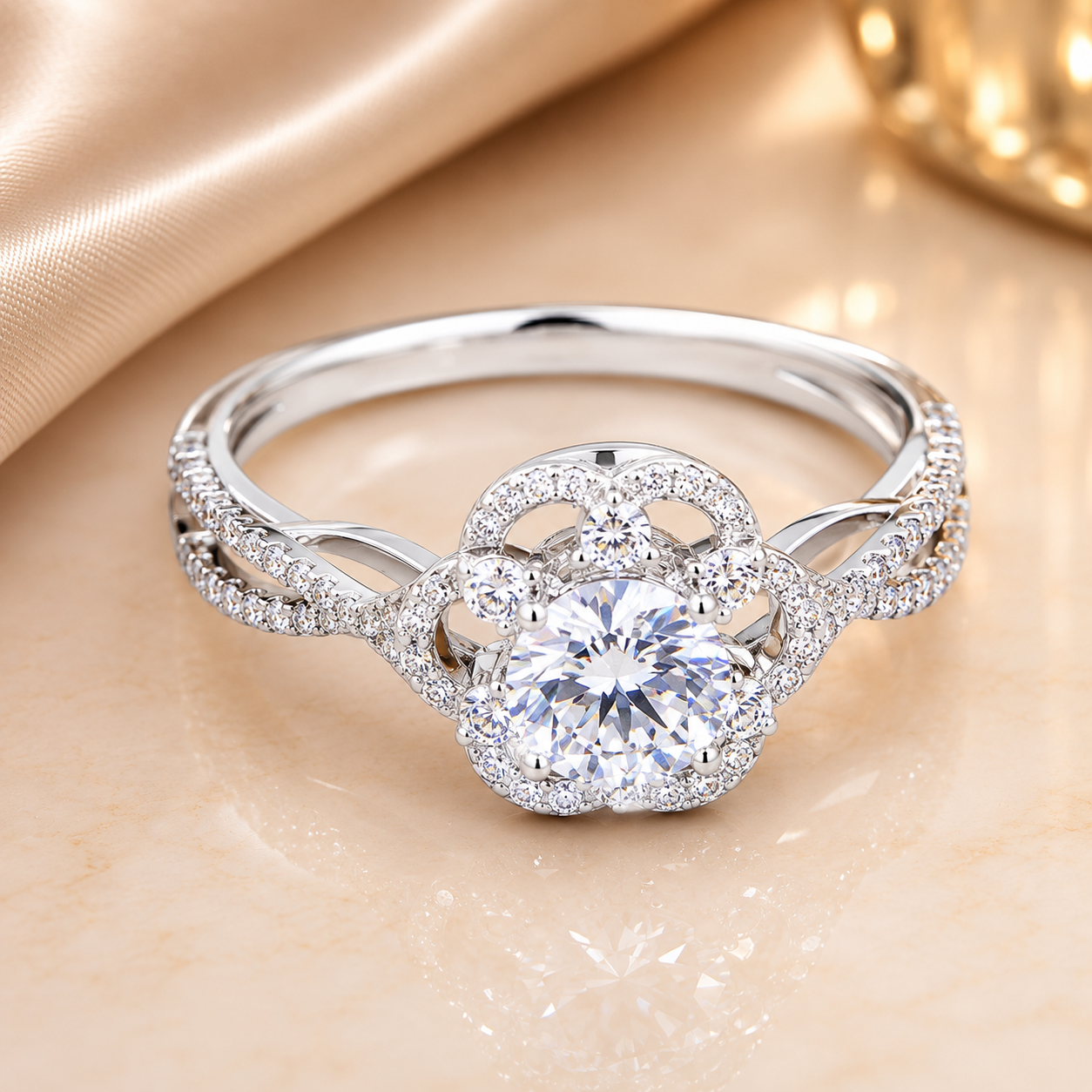 1.00 CT Round Cut Lab-Grown Diamond Double Halo Engagement Ring in 14K White Gold – Split Shank Anniversary Design