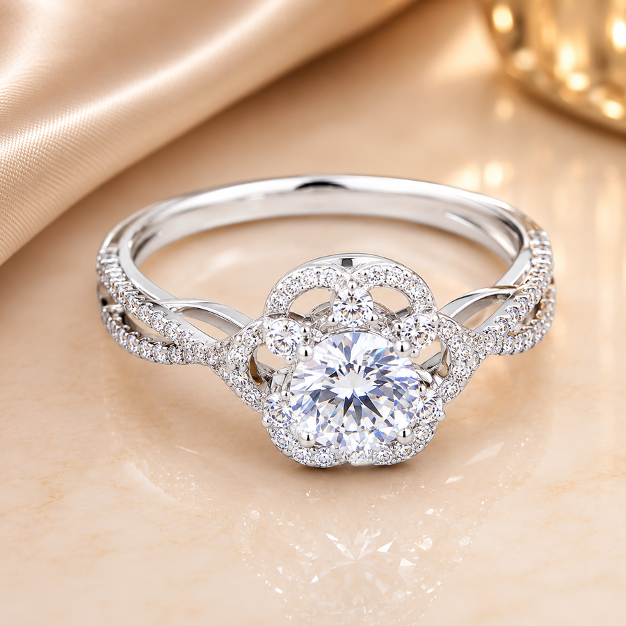 1.00 CT Round Cut Lab-Grown Diamond Double Halo Engagement Ring in 14K White Gold – Split Shank Anniversary Design